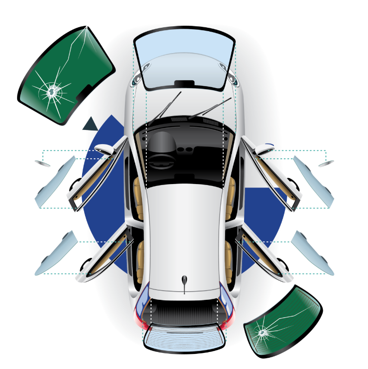 A vehicle depicting the rear and front windshield to be replaced.